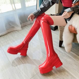 Women's Over-the-Knee Boots, Stretch Slim Boots, Square Toe Platform Thick Sole Chunky Heel High Heel Side Zipper Over-the-Knee Stretch Boots