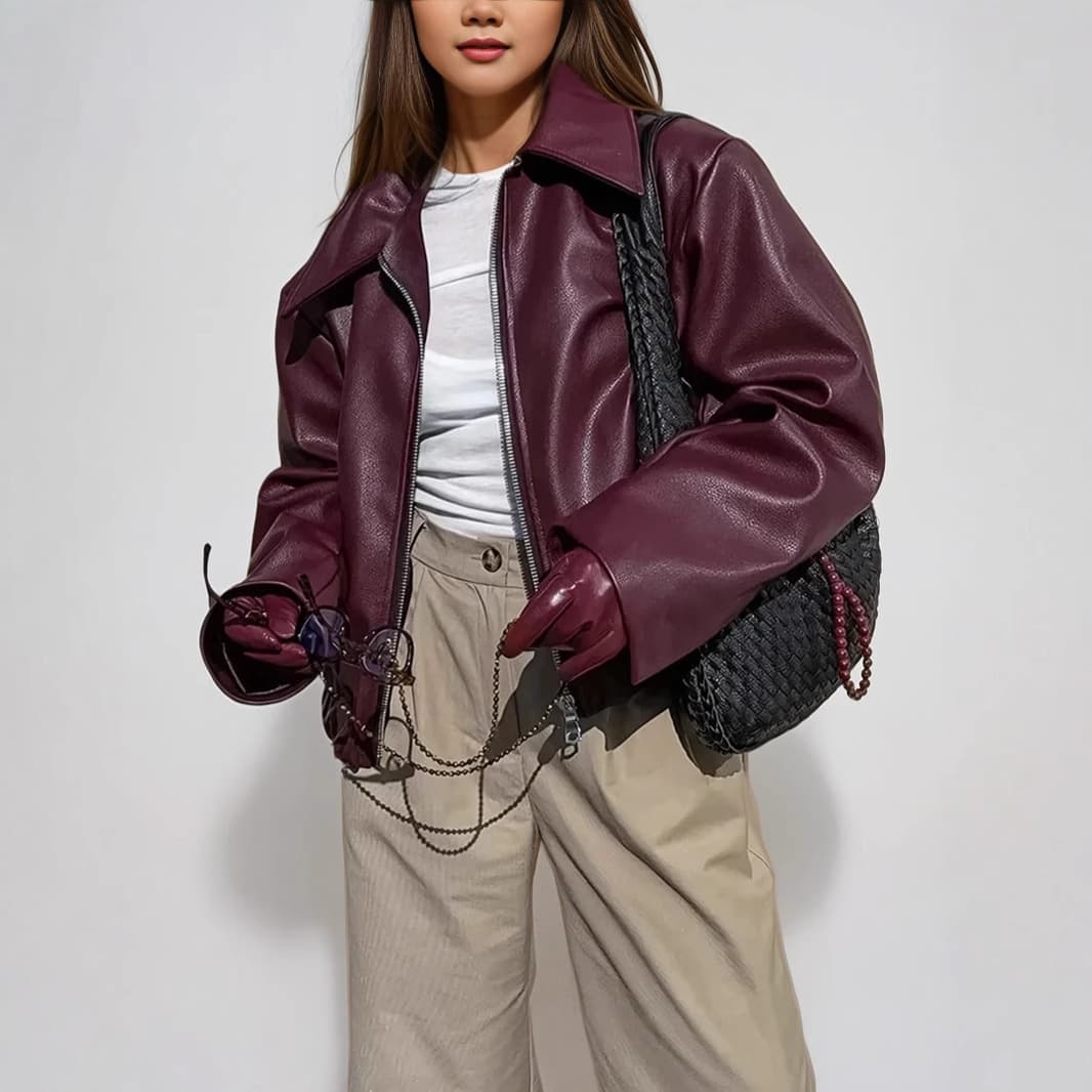 American Retro Jacket Wine Red Lapel Spring Women's Fashion Premium Cross-border New Casual Faux Leather Coat