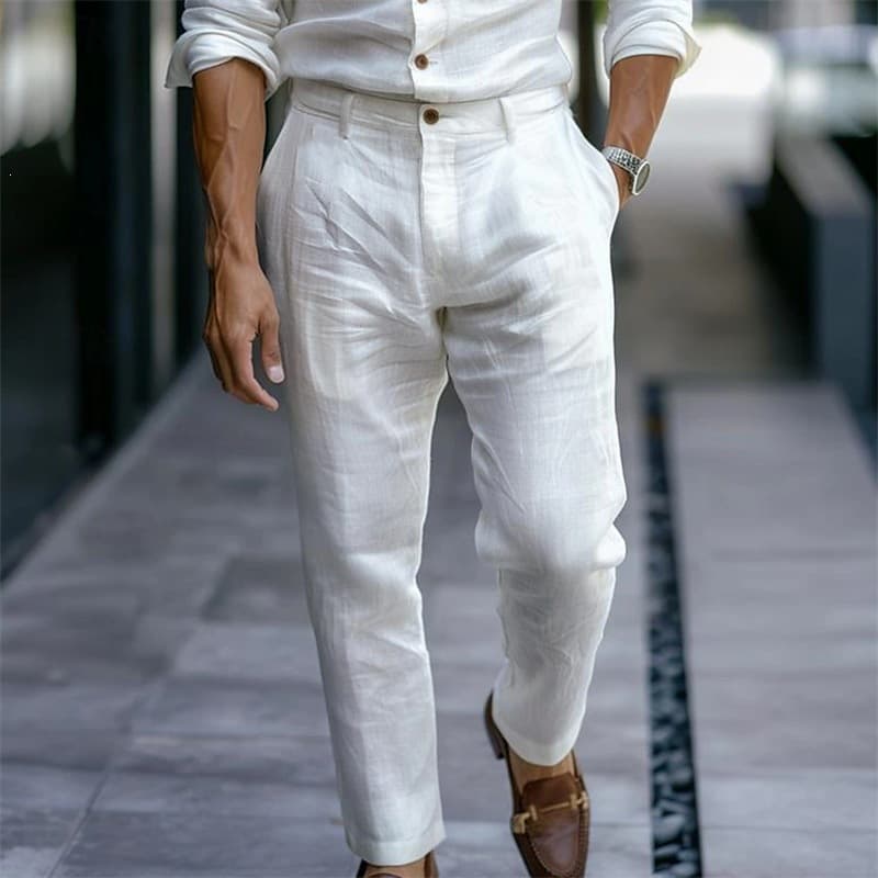 Men's Youth Linen Solid Color Slant Pocket Daily Outdoor Breathable Casual Pants White Light Gray Dark Gray