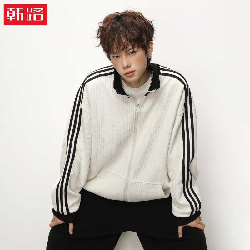 Hanlu | Stand Collar Zip-Up Sports Hoodie Men's Fall Heavyweight Texture Contrast Color Blocking Vertical Stripe Casual Jacket