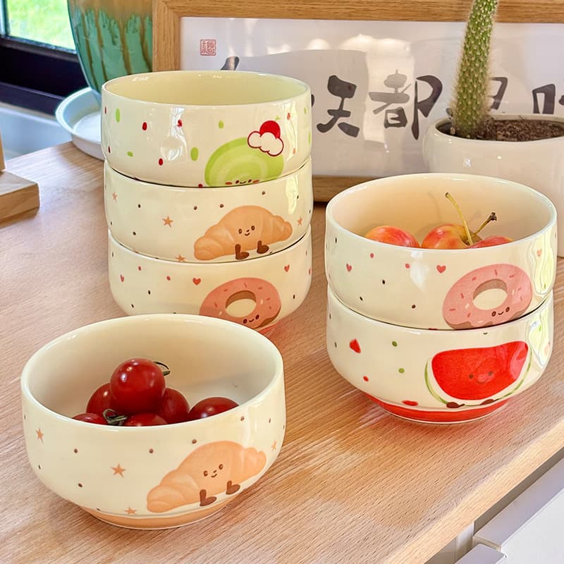 2026 New High-Aesthetic Household Ceramic Bowl Cute Cartoon Kids Bowl Personal Fruit Bowl