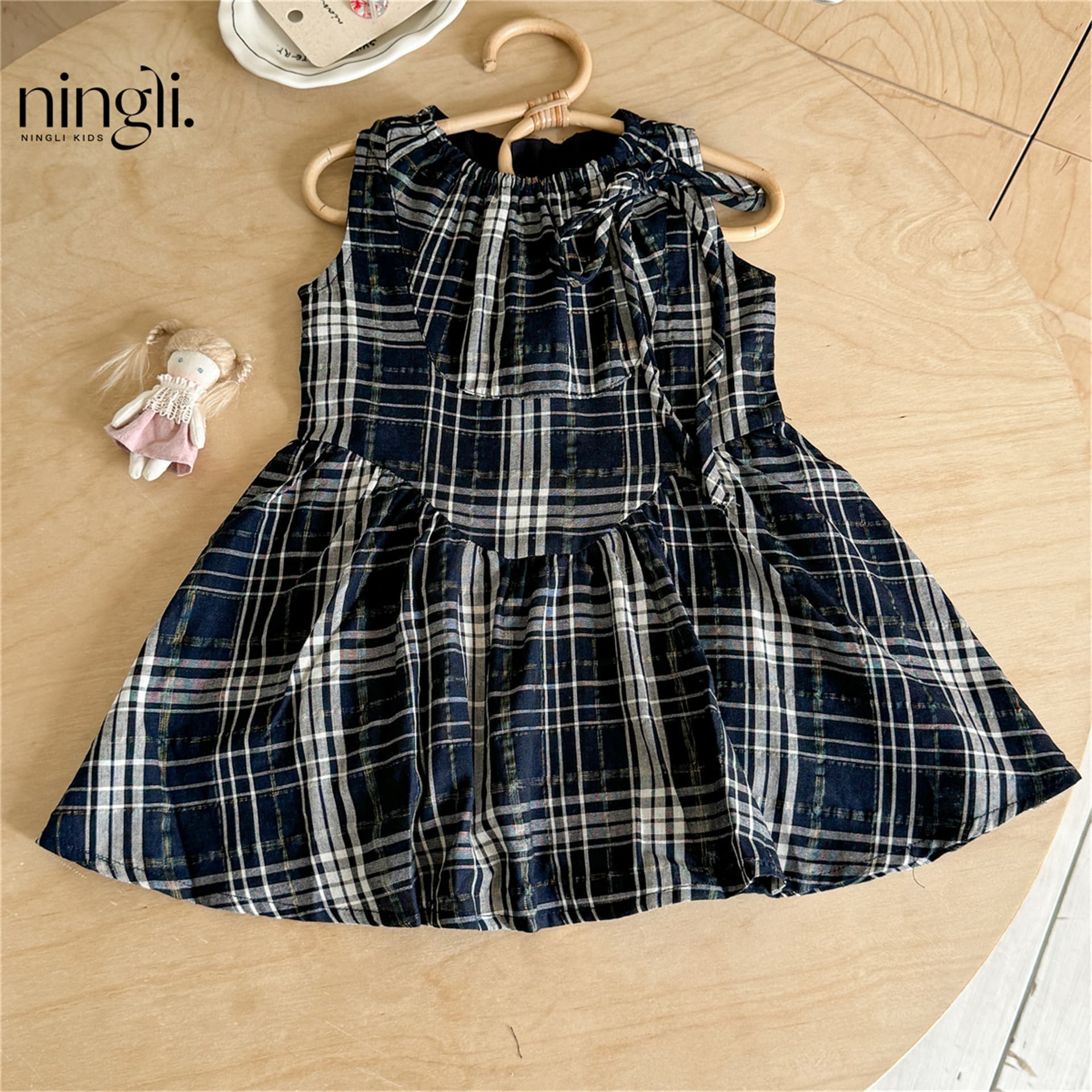 Ningli Summer Girls' Fashionable Plaid Dress Baby Tie-back Vest Dress Children's Cotton Shirred Skirt Trendy