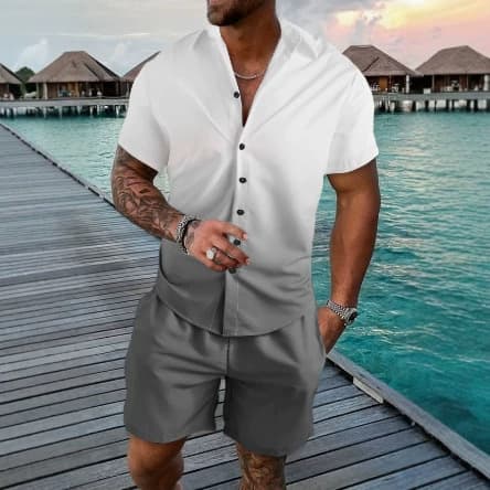 Summer men's light and sophisticated casual suit, white and gray gradient short-sleeved shirt, navy blue shorts two-piece set, simple and advanced