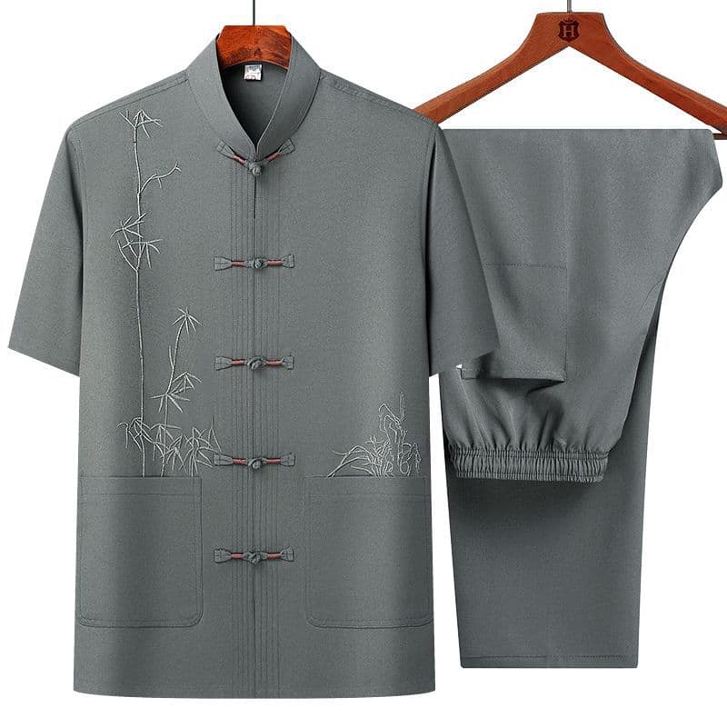 Summer Short Sleeve Shirt Set for Middle-Aged and Elderly Men, Chinese Style Tang Suit, Loose and Thin Dad Shirt
