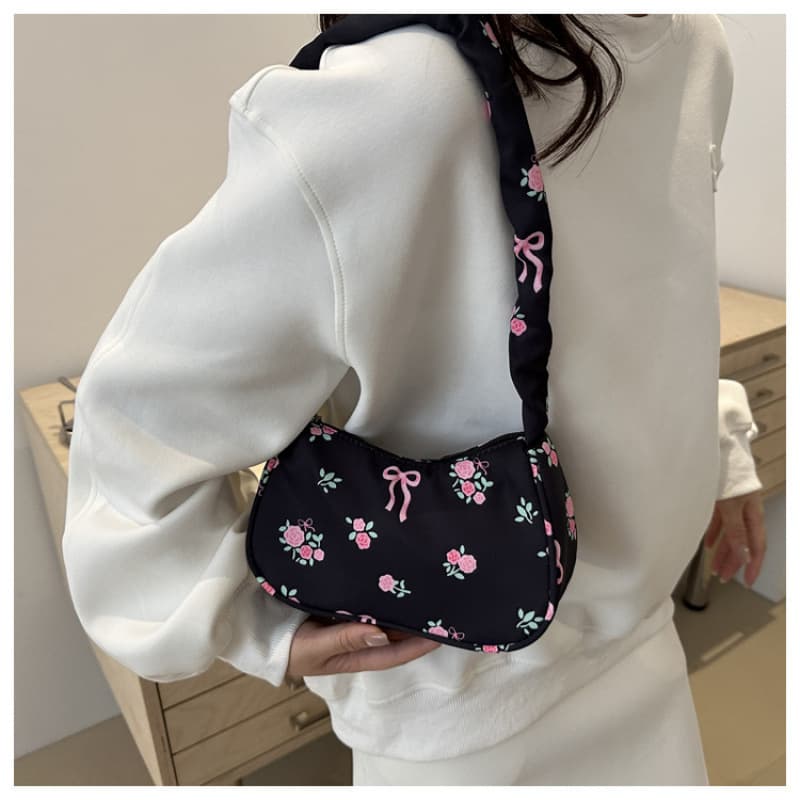 Cross-border Sweet Women's New Bowknot Floral Canvas Bag Drawstring Shoulder Bag High Appearance Cute Crossbody Bag