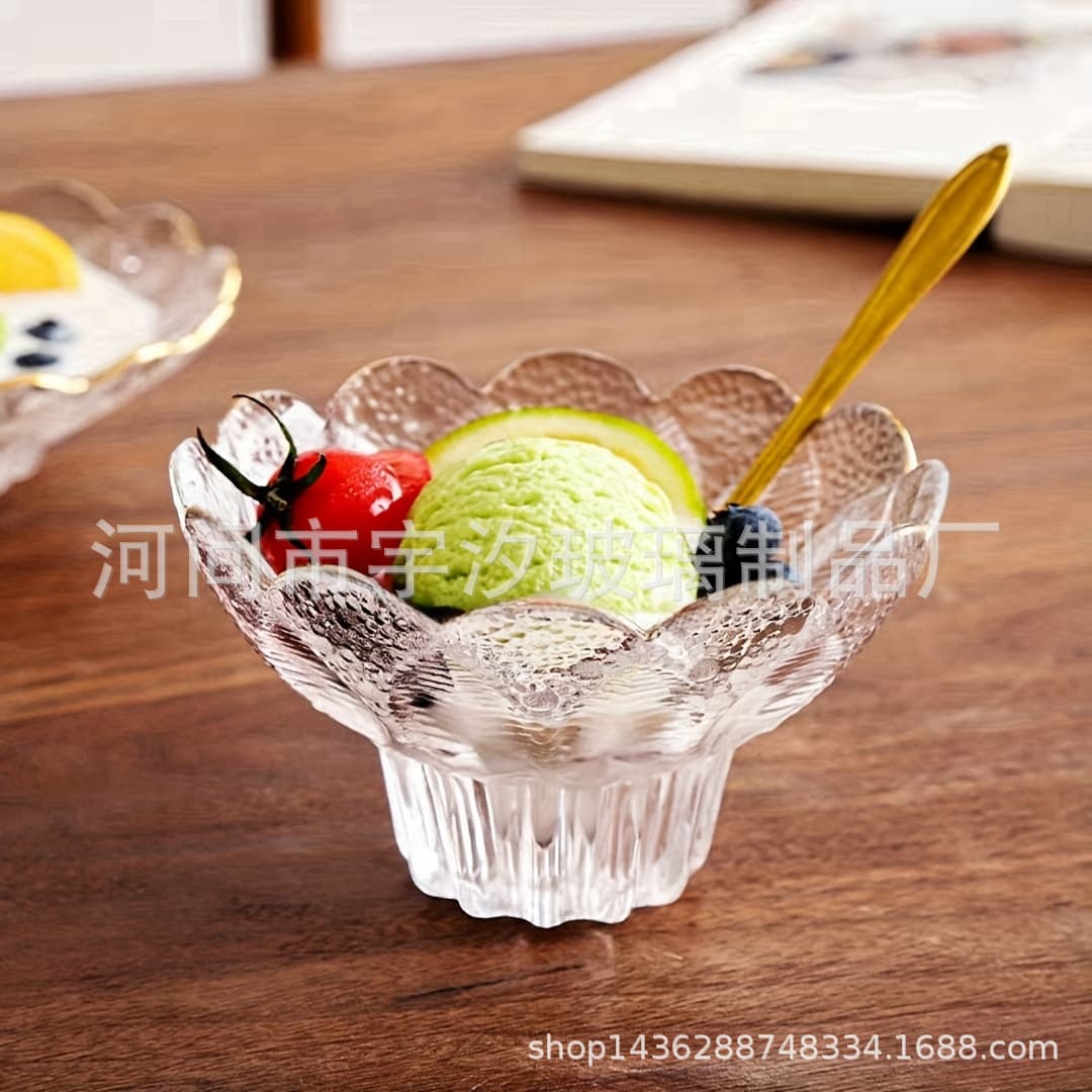 Petal Leaf Pattern Glass Ice Cream Cup Creative Stemmed Dessert Bowl High-End Home Use Sundae Cup