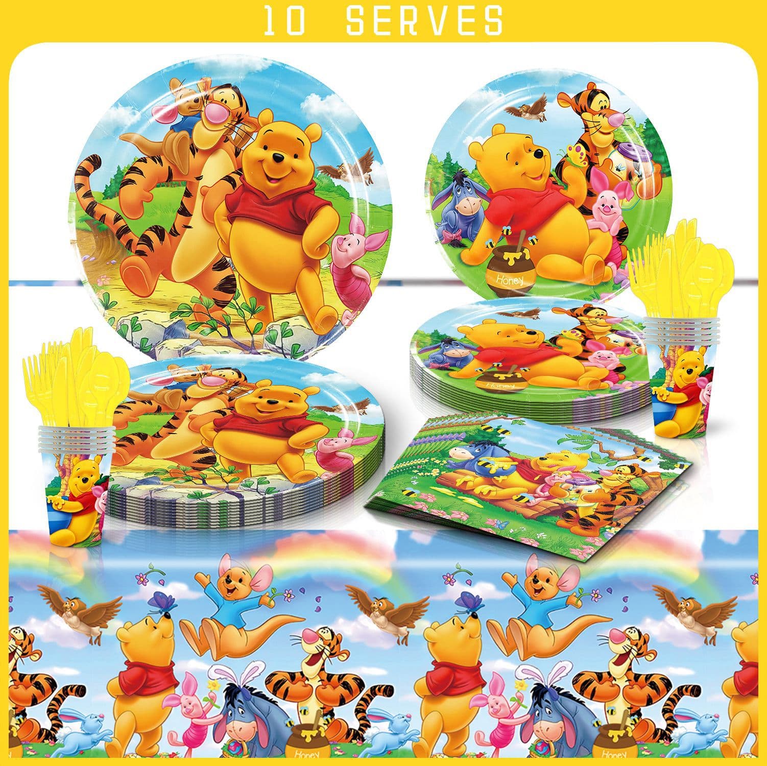 Cartoon Winnie the Pooh Theme Holiday Party Decorative Paper Tray, Paper Cup, Paper Towel, Tablecloth Disposable Tableware for 10 People
