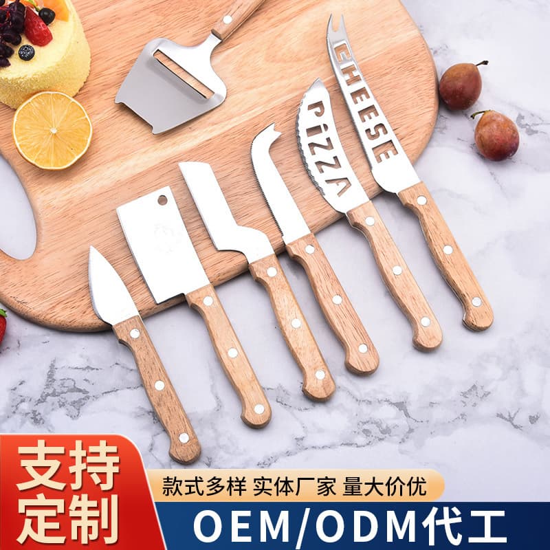 Factory Wholesale Rubber Wood Handle Cheese Knife Cheese Grater Curved Tail Knife Square Knife Pizza Knife Letter Knife Set