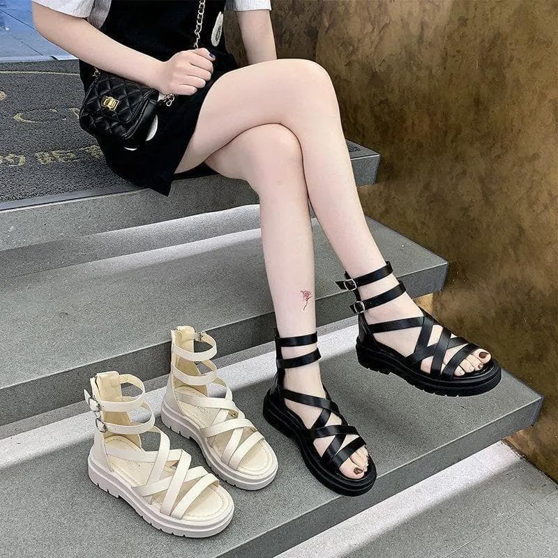 Women's Sandals 2022 Summer New Korean Fashion Back Zipper Boot Sandals Soft Leather Open Toe Hollow Out College Roman Shoes