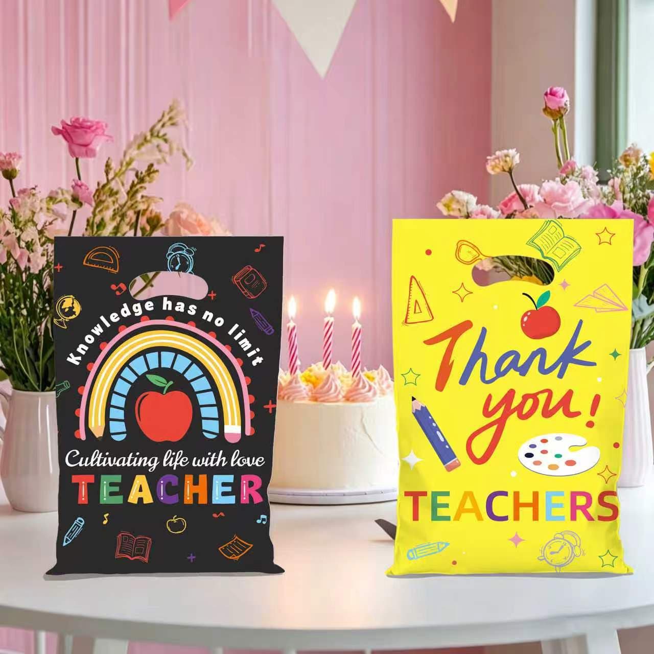Teacher Appreciation Printed Party Bags Rainbow and Apple Colorful Design Plastic Tote Bags Holiday Gift Bags Wholesale