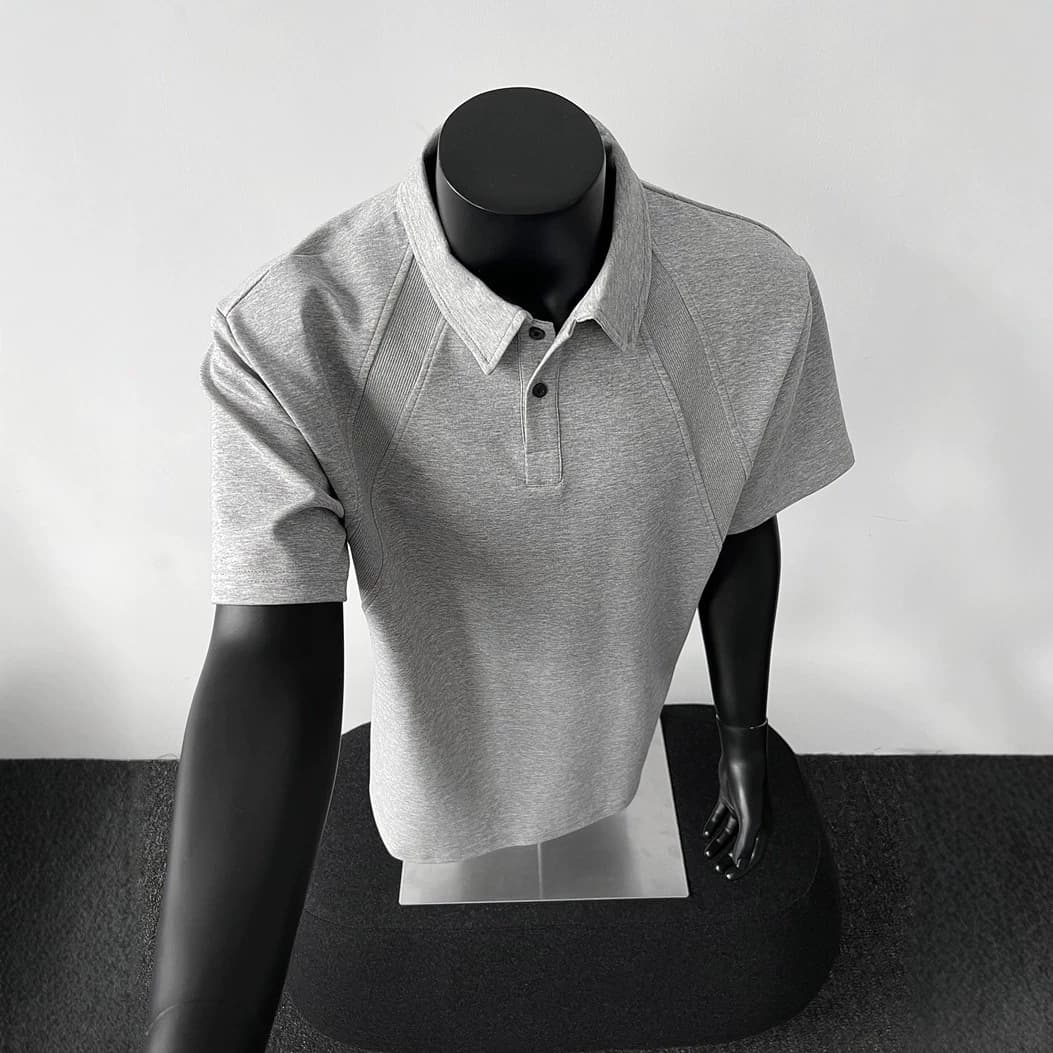 Light Gray American Heavyweight Air Layer Drop Shoulder Structured Panel Short Sleeve Men's T-Shirt Polo Shirt Boxy Fit T-Shirt