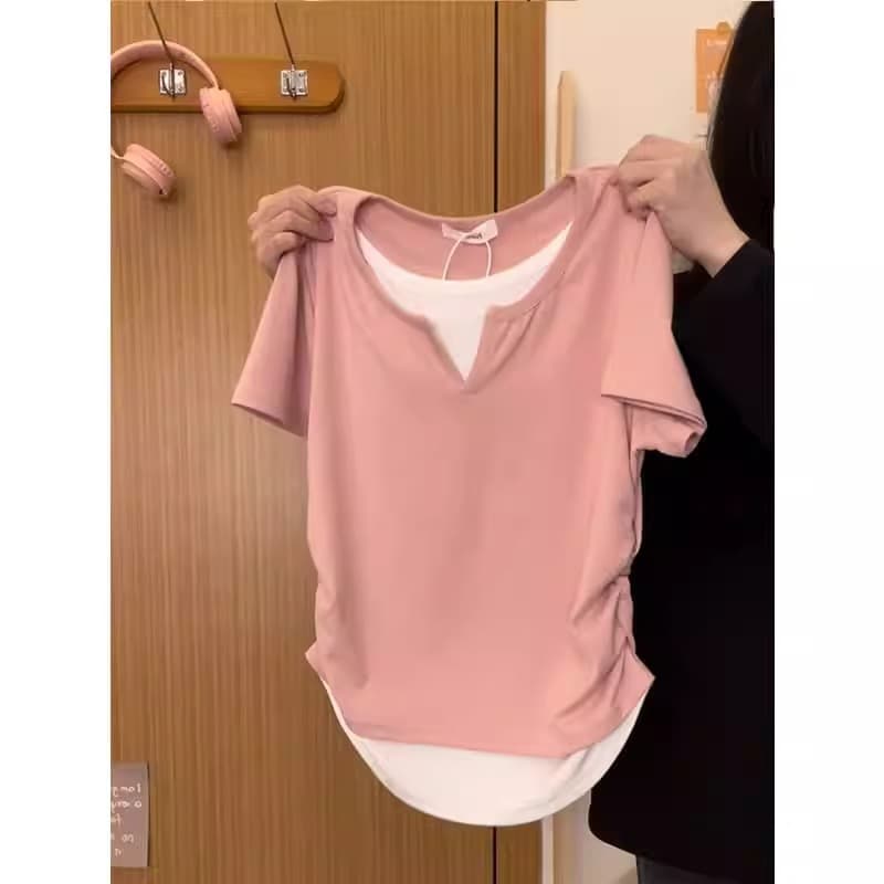 (40 pieces, 210g, 92% cotton 8% spandex) New summer Japanese-style design faux two-layer regular shoulder short sleeve T-shirt for women