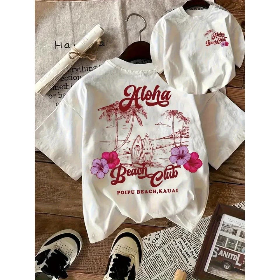 Summer beach surfboard and letter printed short-sleeved T-shirts are casual styles suitable for women in summer