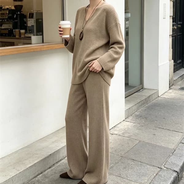 Cross-Border Fall/Winter New V-Neck Loose Sweater Wide-Leg Pants Two-Piece Set Casual Versatile Lazy Style Knit Outfit for Women