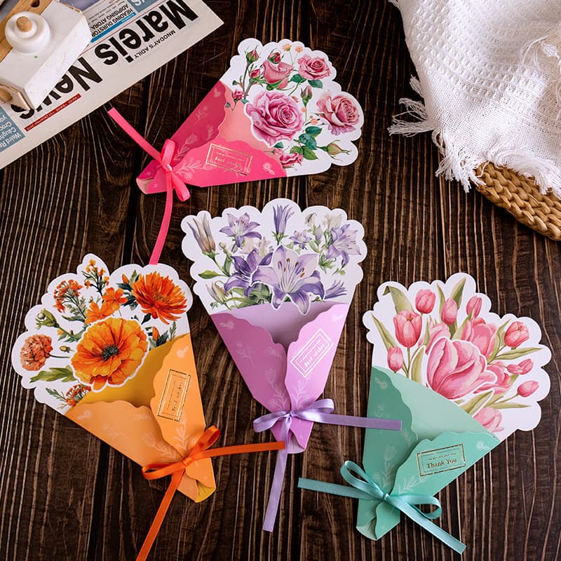 3D Floral Bouquet Heat Pressed Greeting Card Festive Thank You Blessing Creative Small Companion Gift Handmade Message Card