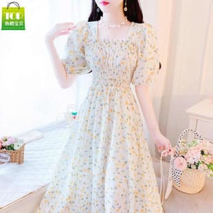 Plus Size 300lb French Tea Dress for Women Summer New Fairy Dress Square Neck Elegant A-Line Dress