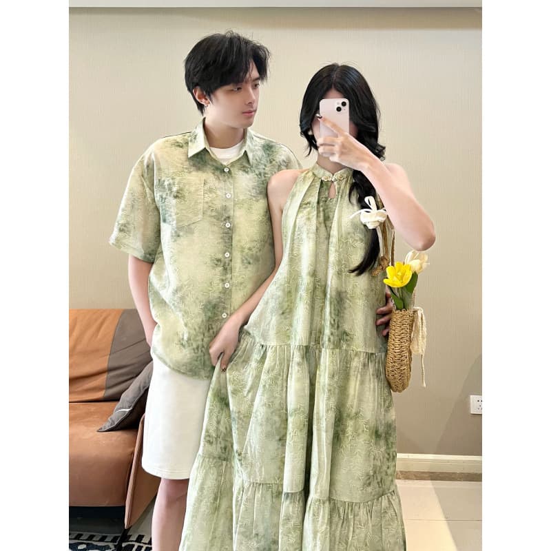 2025 Couple's New Chinese Style Sleeveless Neck Dress Summer Cool Relaxation Couple's Beach Wear