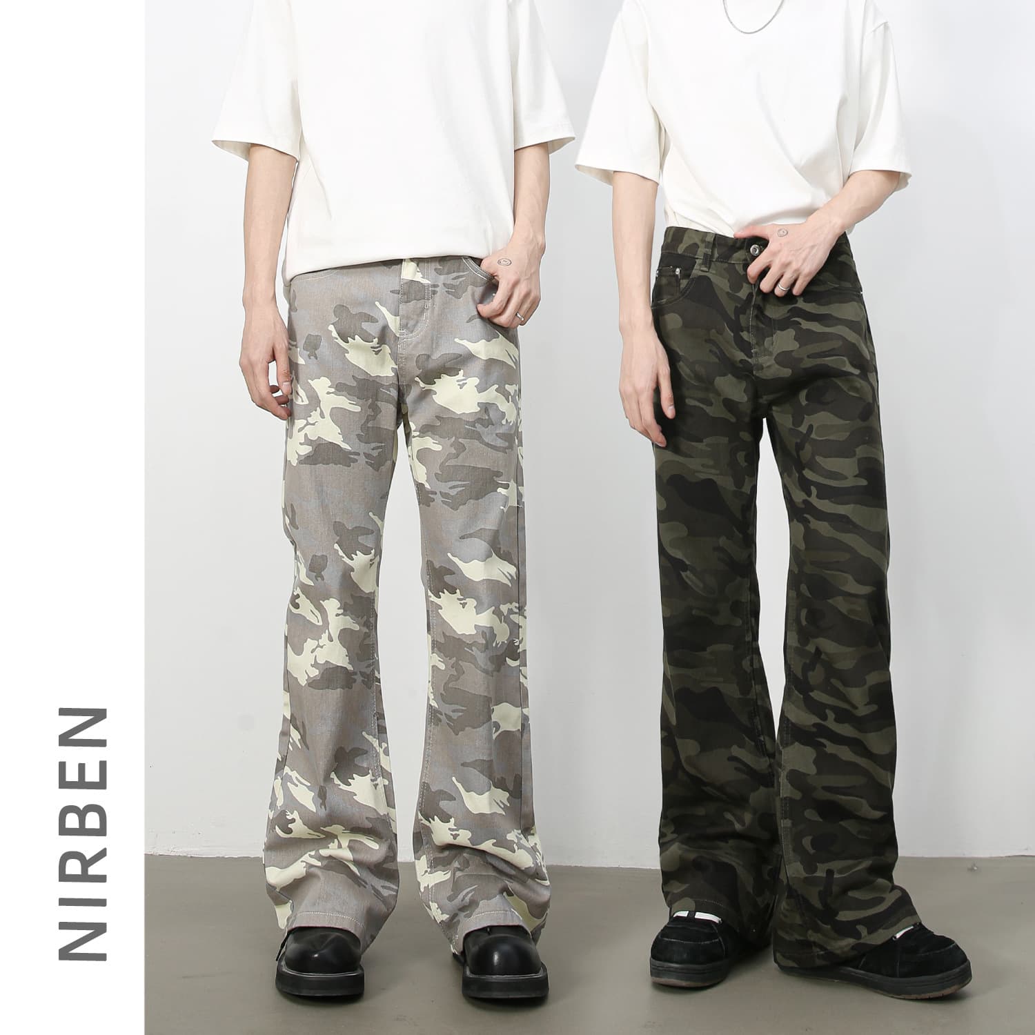Nirben Denim | American Retro Camo Flared Jeans for Men, Street Style Straight-Leg Casual Loose-Fit Trousers