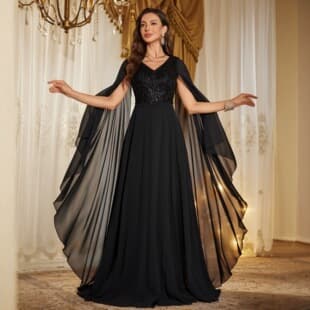 2026 New Cross-Border Banquet Evening Gown V-Neck Embellished Applique Flowing Sash Sleeve Fitted Chiffon Elegant Dress