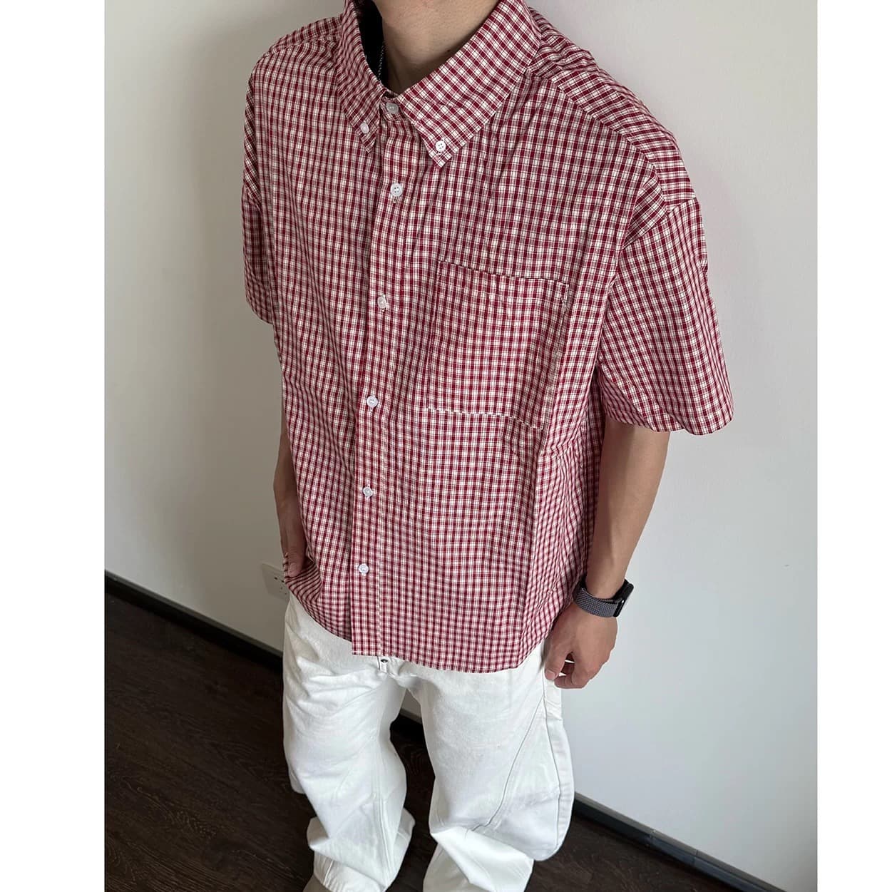 American Retro Short-Sleeved Plaid Shirt for Boys, Summer Trendy Casual Men's Loose Half-Sleeved Shirt Jacket