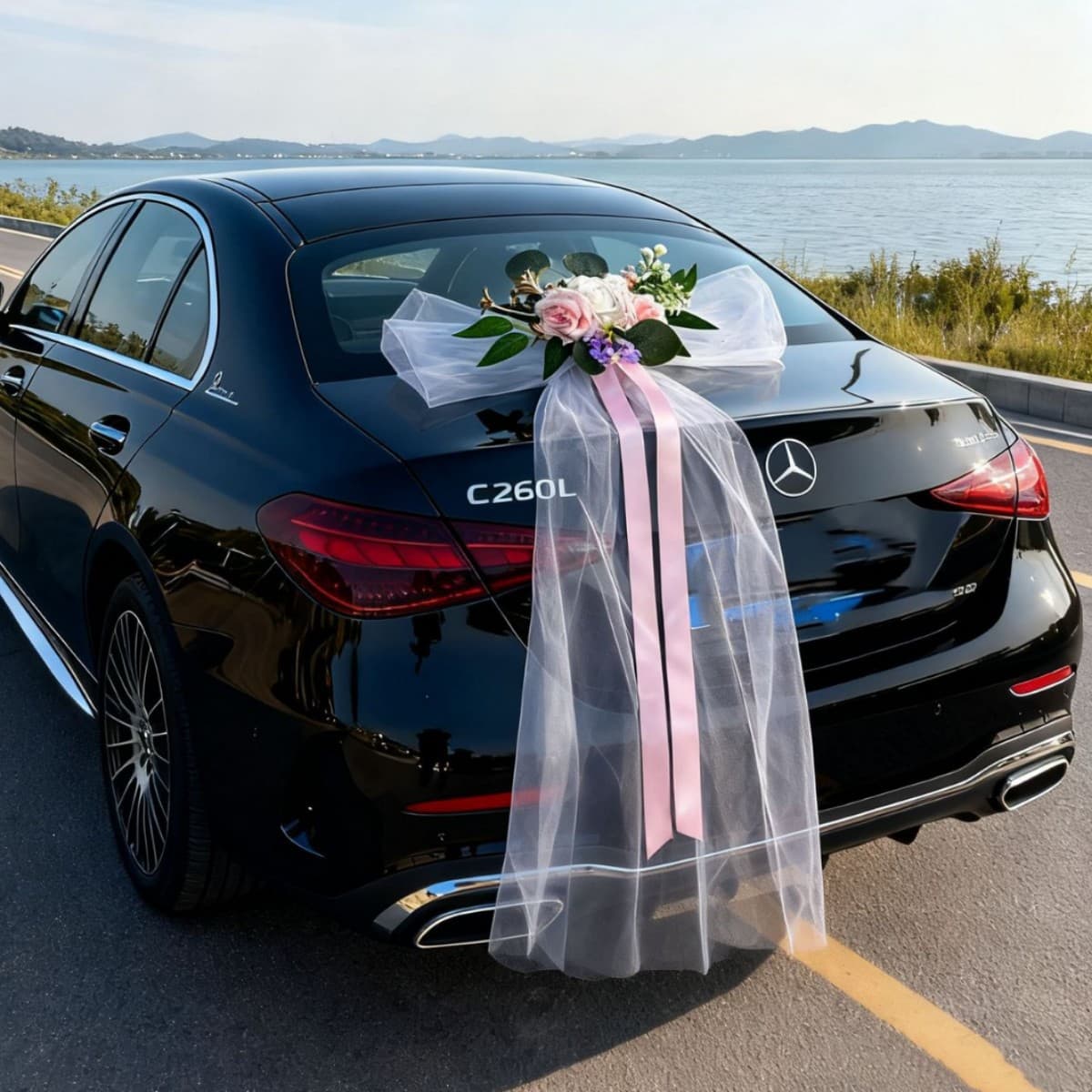Cross-border Supply Simulation Flowers Wedding Supplies Bridal Procession Team Wedding Car Tulle Bow Door Handle Hood Decoration