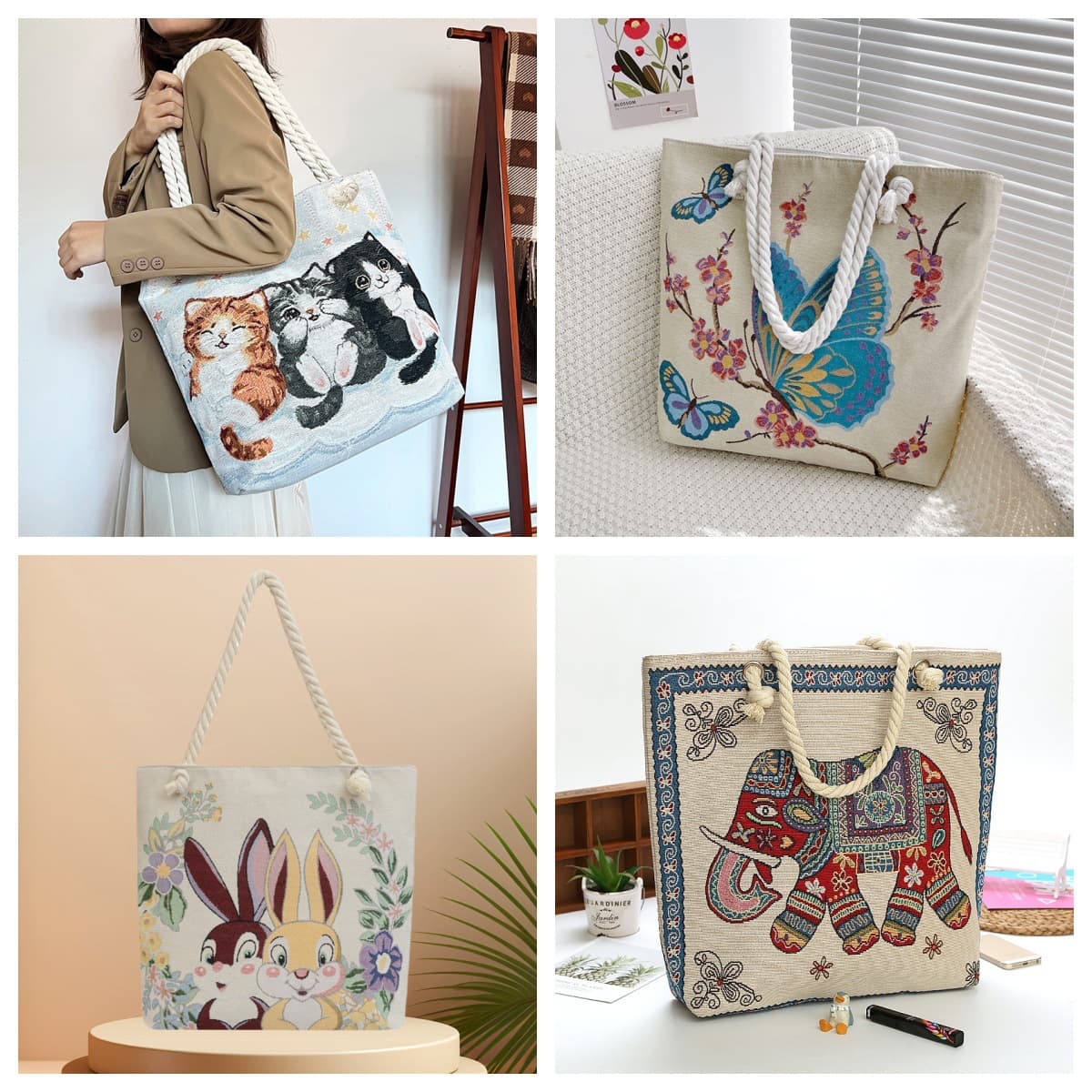 Ethnic style women's medium-sized canvas large bag double-sided embroidered shoulder bag student large-capacity elephant bag travel gift