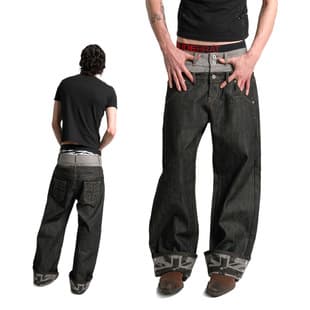 Cross-border Baggy Double Waistband Rivet Jeans for Men Y2K Turned-up Print Straight Leg Floor-length Pants