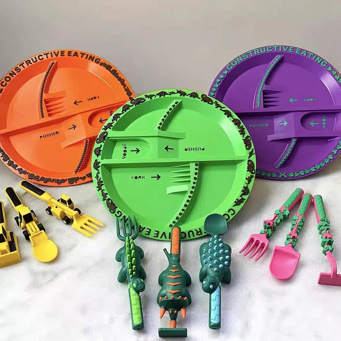 Excavator Fork Spoon Fun Utensil Set with Bulldozer Engineering Dinosaur Baby Food Feeding Kit