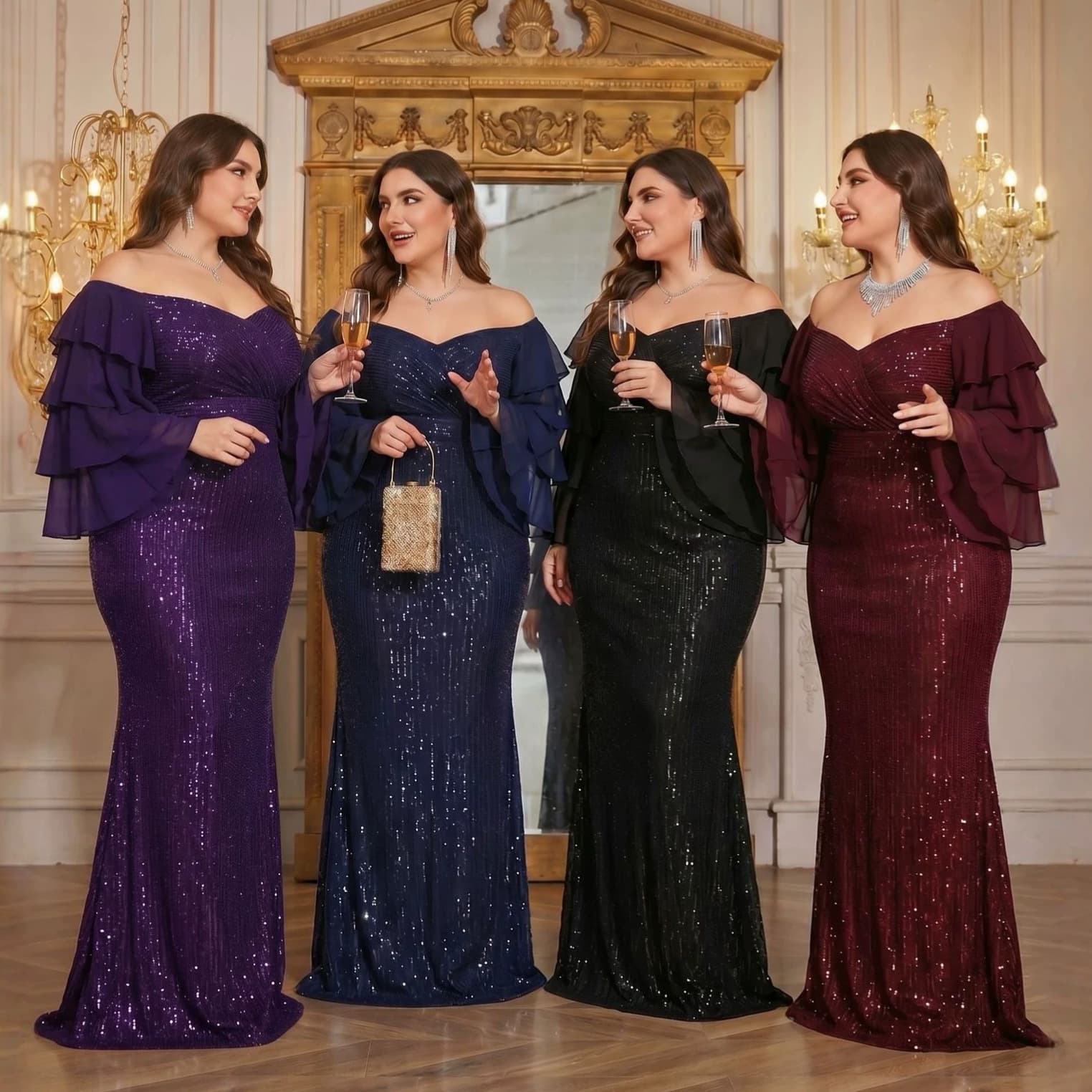 Plus Size Women's Off-Shoulder Layered Dress Elegant Plus Size Bridesmaid Dress Bodycon Midi Dress