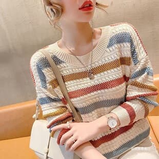 2024 Spring Summer New Hollow Colorful Striped Knit Top Women Loose Short Batwing Sleeve Blouse Thin Cardigan