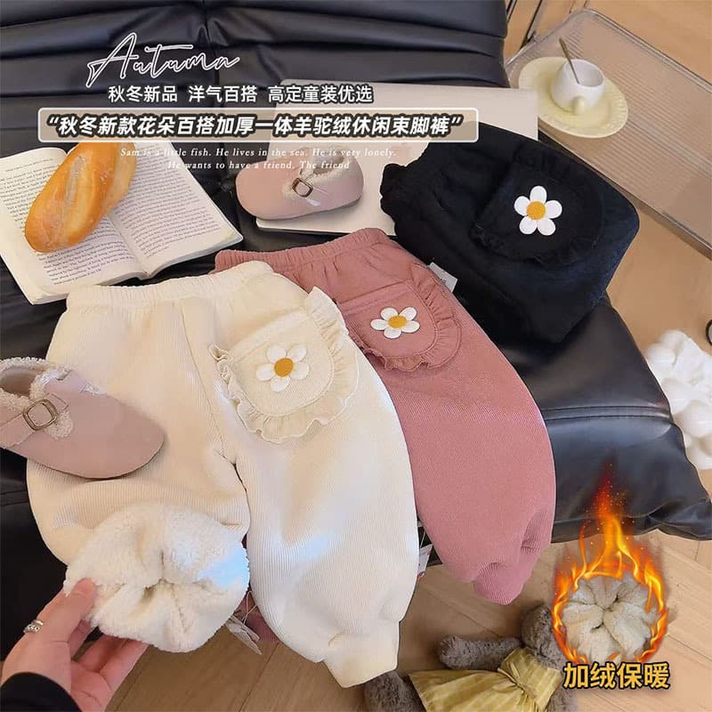 Girls 3D Floral Alpaca Fleece Jogger Pants Winter New Style Kids Fleece-Lined Thickened One-Piece Fleece Casual Sweatpants