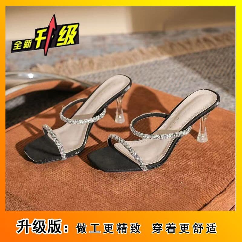 Fairy Style One-Strap Thin Heel Rhinestone High Heels 2025 New Summer Transparent Sandals Women Mid-Heel Slide Sandals