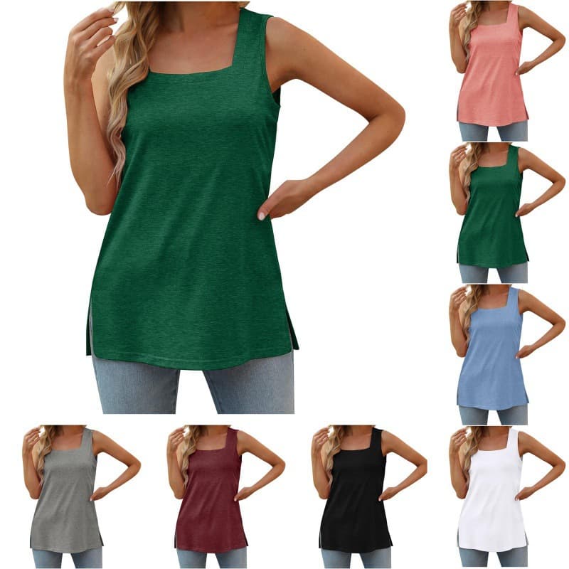 2023 European and American Summer Foreign Trade T-Shirt Women Amazon Hot Selling Vest Sleeveless Split Square Neck Women's Top T-Shirt