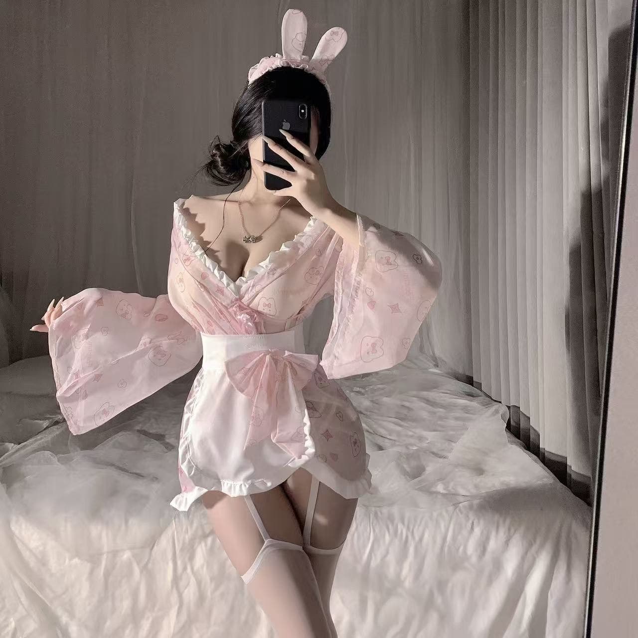 Sexy Lingerie Milk Bunny Maid Uniform Dress Japanese-Style Cute Pure Desire Bunny Print Japanese-Style Bathrobe Bow Nightdress