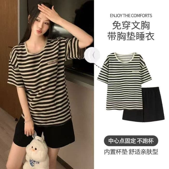 Short Sleeve Shorts Round Neck Cloud Cotton Pajamas with Chest Pad for Women Summer Bestseller Cartoon Homewear Set Pajamas