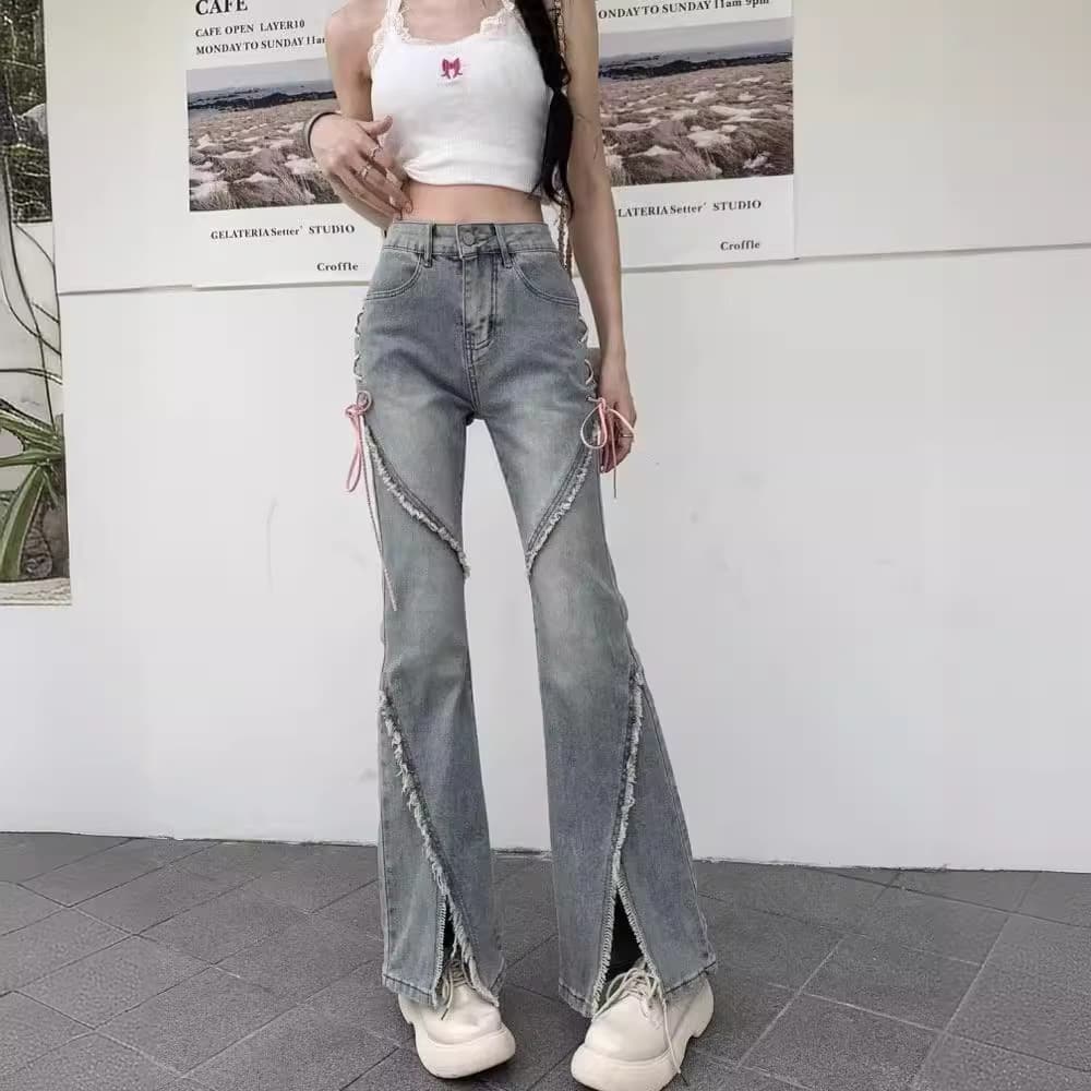 Spring Autumn Denim Jeans Women's Retro Hot Girl Irregular Slit Small Design Sense Bell Bottom Long Trousers