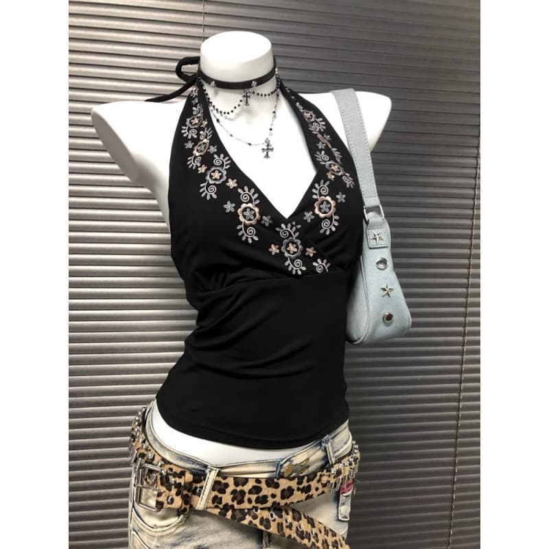 Niche Y2K Style Black V-Neck Embroidered Halter Top with Backless Design, Vintage Chic
