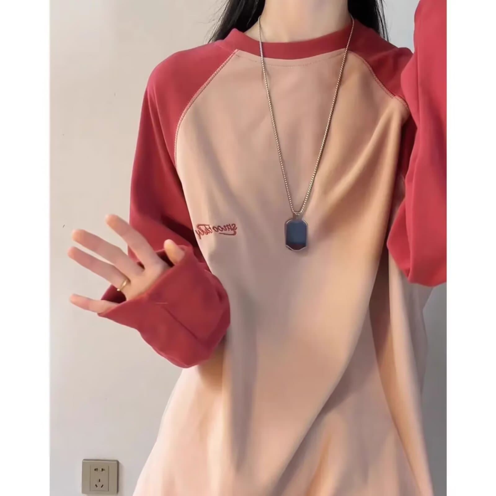 Dragon fruit color raglan sleeve German velvet bottoming shirt for men and women, thermal underwear, American contrasting color stitching inner bottoming shirt