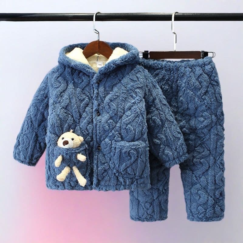 Boys' Winter Pajamas Coral Flannel Three-Layer Thick Thermal Kids' Sleepwear Set for Older Boys