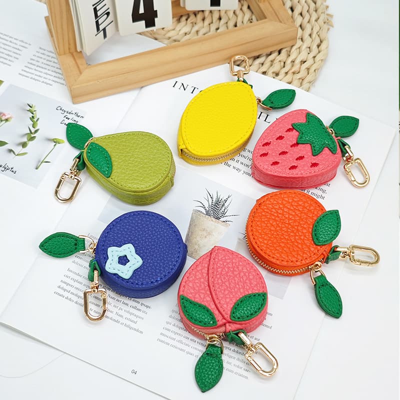 PU Leather Coin Purse Fruit Strawberry Lemon Apple Mini Wallet Cute Hanging Multi-functional Coin Holder Organizer