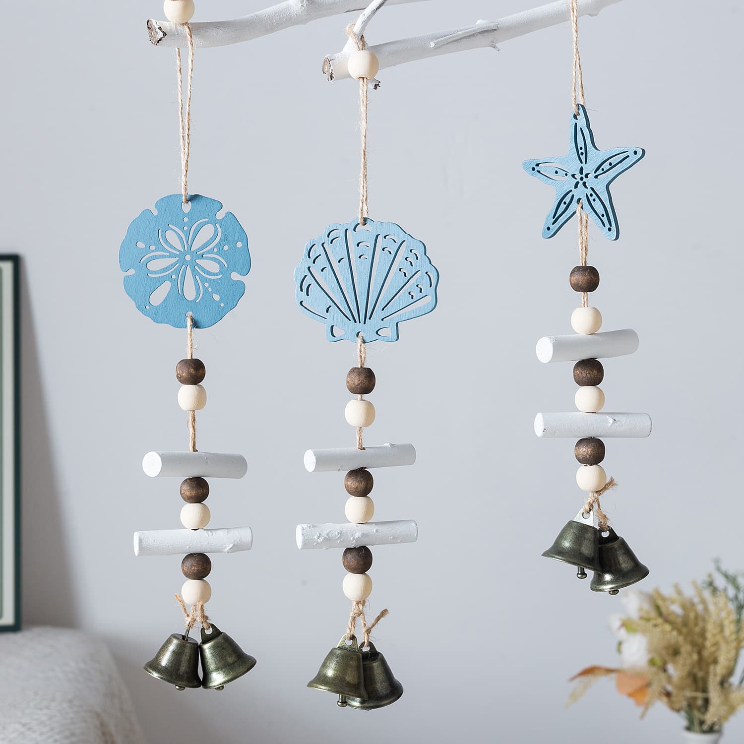 Cross-Mediterranean Wooden Starfish Wind Chime Sailboat Bell Hanging Decoration Home Ornament Kindergarten Christmas Holiday Decor