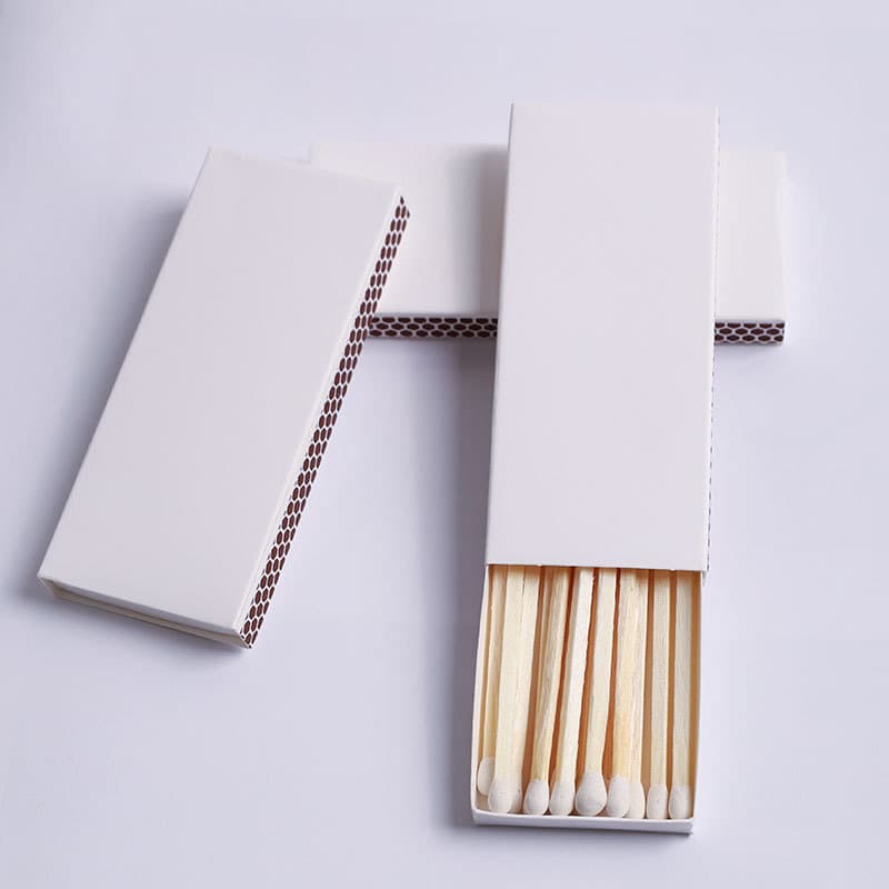 75mm pure white box modern minimalist unprinted white-tip matches for scented candles, wholesale windproof options.