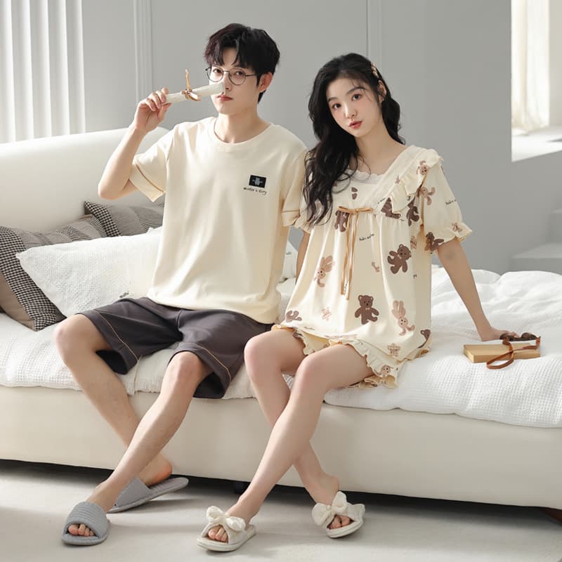 Couple Pajamas Summer Cotton Short Sleeve Two-Piece Set, Cartoon Princess Style Homewear Shorts Set for Women and Men