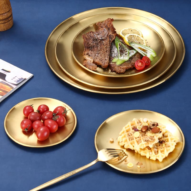 304 Stainless Steel Korean BBQ Plate, Household Golden Disc Tray, Steak Western Food Plate, Bone Plate, Shallow Plate