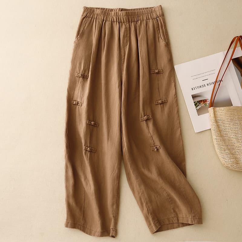 Elastic waist buckle harem pants carrot pants for women 2026 summer new style retro casual cotton and linen nine-point pants for women loose