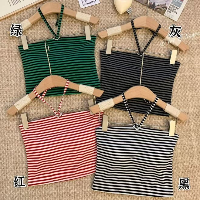 7029 # Sweet and Spicy American Retro Style Striped Strapless Tube Top, Versatile Short Top for Layering or Wearing Alone, Trendy