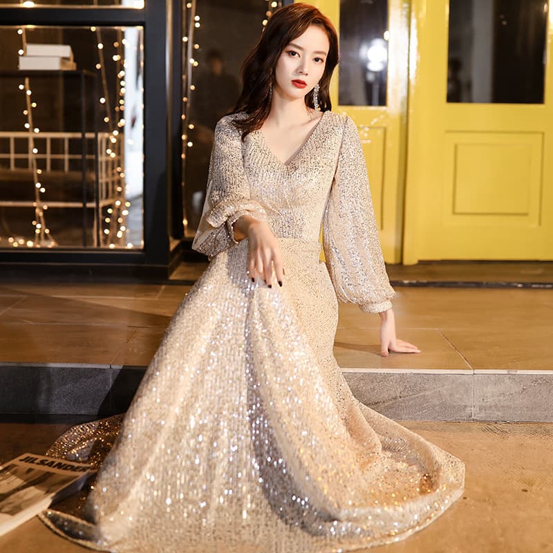 2026 New Elegant Gold Evening Gown for Banquet, Hostess, and Annual Party