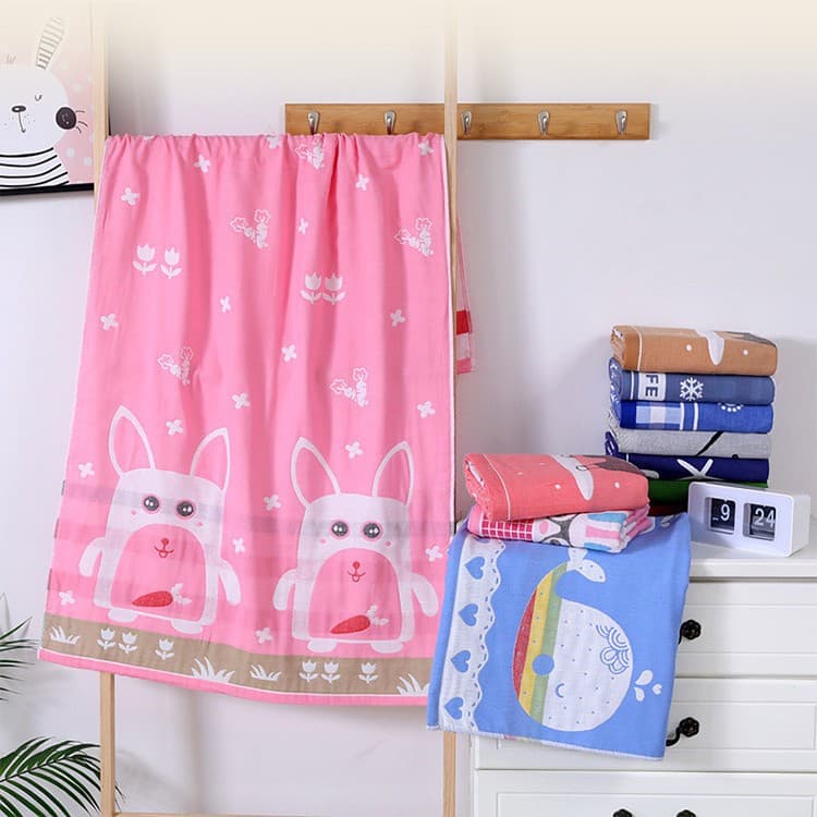 Happy Xiaomu 3-layer gauze cotton bath towel, Gaoyang towel wholesale, cartoon children's towel, cotton gauze bath towel