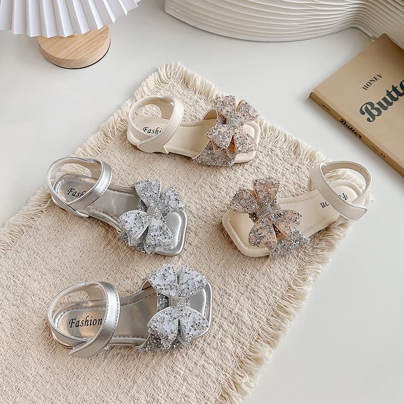 Korean Sparkly Double Bow Children's Sandals Summer Back Strap Soft Sole Girls' Dress Princess Sandals