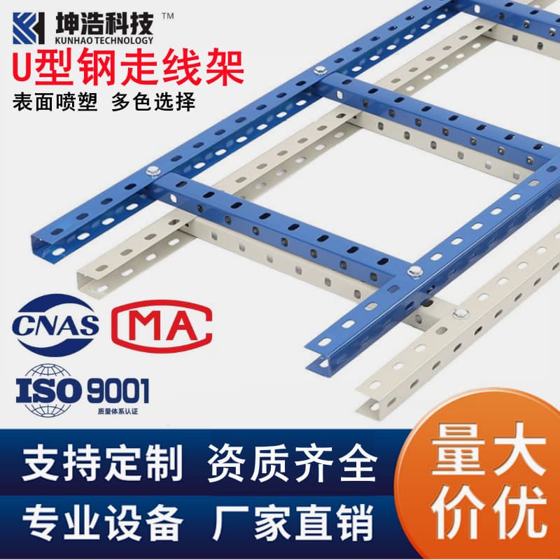 Multi-hole U-shaped steel cable runway C-channel profile cable support for telecom rooms, metal cable management rack